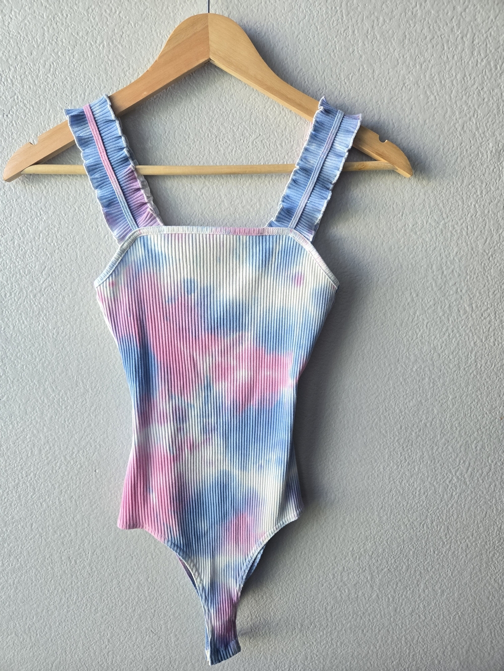 Le Lis Blue & Pink Ribbed Tie-Dye Tank Bodysuit with Ruffle Straps